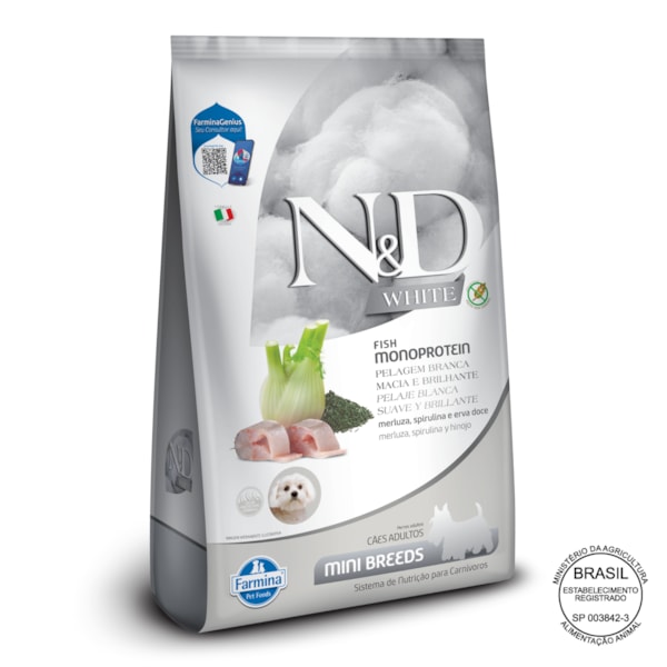 N&D White para Cães Adultos de Raças Mini e Pequenas Sabor Merluza, Spirulina e Erva Doce 2Kg