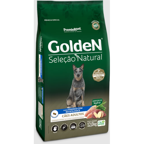 Ração Golden Seleção Natural Cães Adultos Sabor Frango com Batata Doce 12kg - Golden Ração Golden Seleção Natural Cães Adultos Sabor Frango com Batata Doce 12kg - Golden