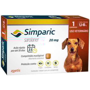 Simparic 20mg Cães 5,1 - 10kg 1 comprimido - Zoetis Simparic 20mg Cães 5,1 - 10kg 1 comprimido - Zoetis