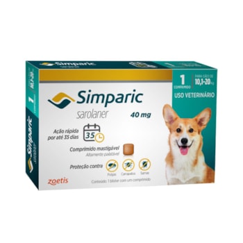 Simparic 40mg Cães 10 - 20kg 1 comprimido - Zoetis Simparic 40mg Cães 10 - 20kg 1 comprimido - Zoetis