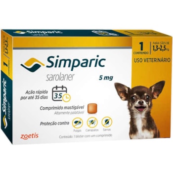 Simparic 5mg Cães 1,3KG - 2,5kg 1 comprimido - Zoetis Simparic 5mg Cães 1,3KG - 2,5kg 1 comprimido - Zoetis
