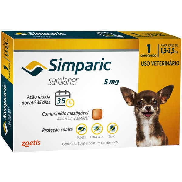 Simparic 5mg Cães 1,3KG - 2,5kg 1 comprimido - Zoetis Simparic 5mg Cães 1,3KG - 2,5kg 1 comprimido - Zoetis