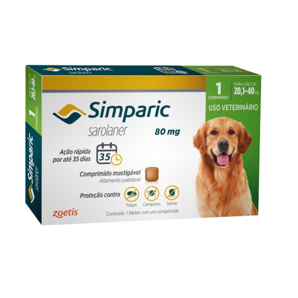Simparic 80mg Cães 20 - 40kg 1 comprimidos - Zoetis Simparic 80mg Cães 20 - 40kg 1 comprimidos - Zoetis