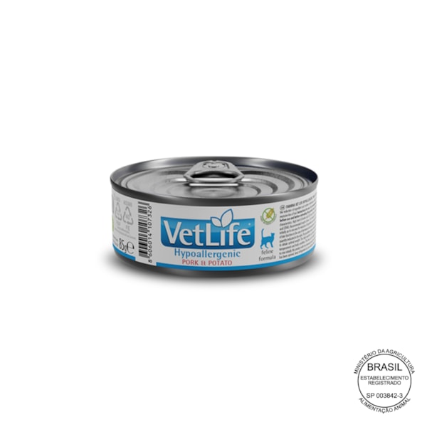 Vet Life Hypoallergenic Pork & Potato para Gatos Adultos de Todas as Raças 85g